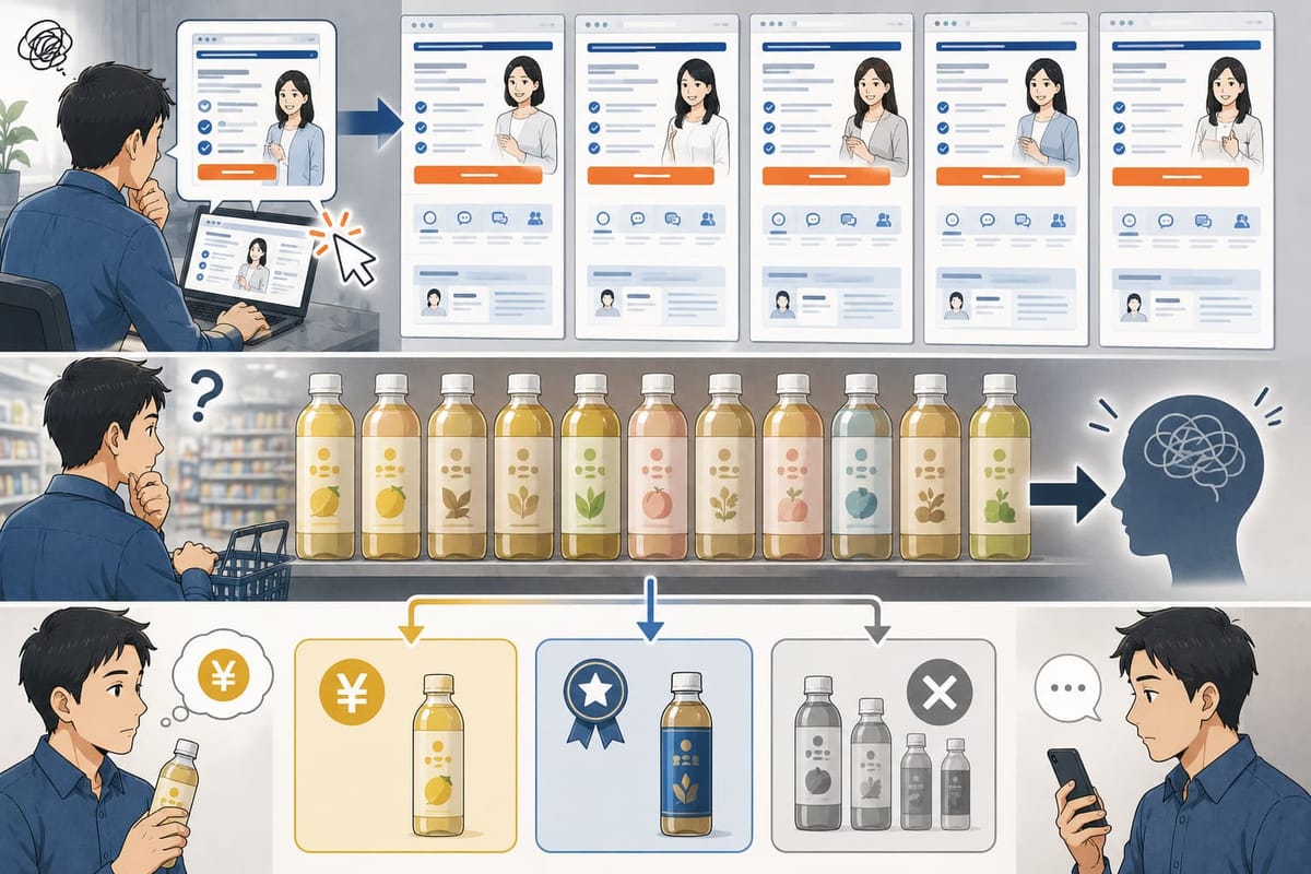 同じような構成のLPが並ぶ様子を、棚に並ぶ似たペットボトル飲料にたとえ、選ぶ人が価格か受賞マークで決め、それ以外は選ばれないことを描いたイラスト